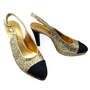 CHANEL Slingbacks Pumps Slings, Glitters & Grosgrain, Gold & Black, CC Toe, 38.5